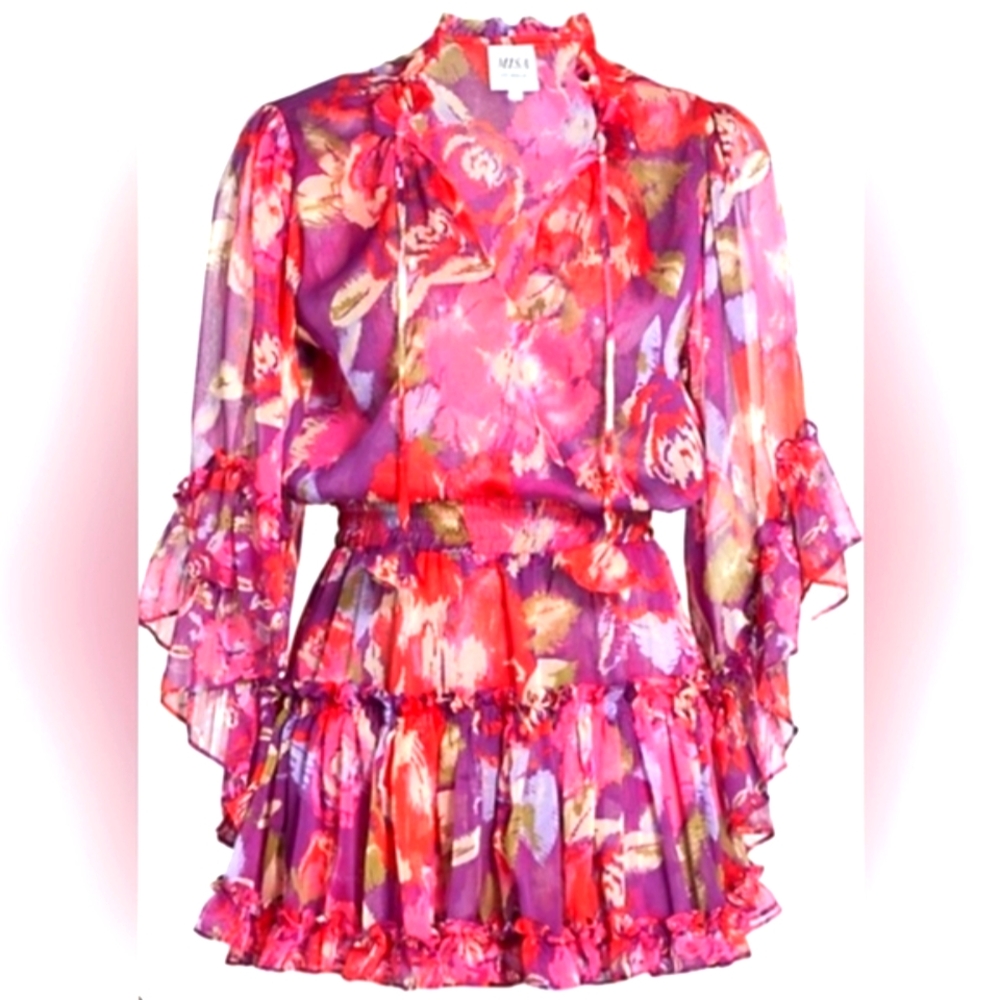 Misa Los Angeles Ximena Vibrant Pink & Purple Cinched Waist Ruffled Sheer Mini - Picture 4 of 7